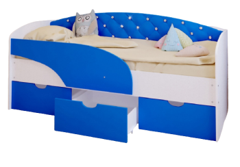 Кровать Алиса  детская с мягкой спинкой со стразами Белый/Синий в Бородино - borodino.mebel54.com | фото