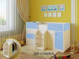 Кровать-чердак Малыш-4 Дуб молочный/Голубой в Бородино - borodino.mebel54.com | фото