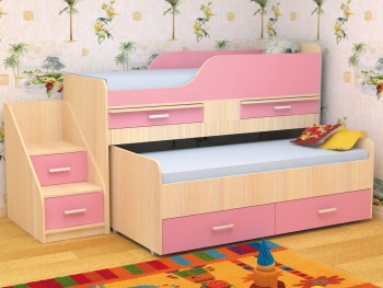 Кровать детская Лесики двухместная 1.8  Дуб молочный/Розовый в Бородино - borodino.mebel54.com | фото