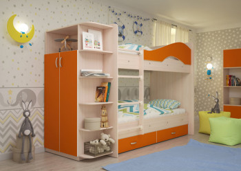 Кровать Мая двухъярусная с ящиками и шкафом Млечный дуб/Оранжевый в Бородино - borodino.mebel54.com | фото