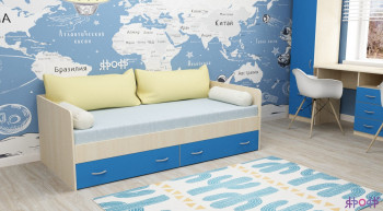 Кровать с выкатными ящиками Дуб молочный/Голубой в Бородино - borodino.mebel54.com | фото