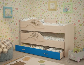 Кровать выкатная Радуга-Сафари детская 1600 Млечный дуб/Голубой в Бородино - borodino.mebel54.com | фото