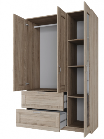 Шкаф трехдверный Сириус с зеркалом и 2 ящиками дуб сонома в Бородино - borodino.mebel54.com | фото